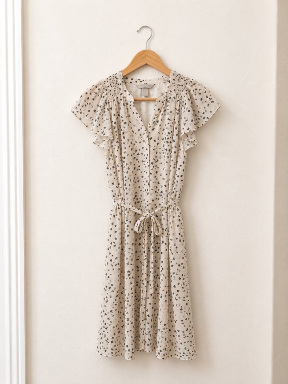 Cream Floral Flutter Sleeve Tie Waist Dress